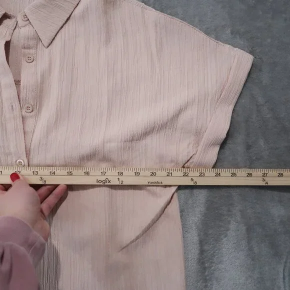 Zeagoo Shirt Womens L Cream Blouse Button Down Collared Short Sleeve Cuffed Hem - Picture 8 of 12